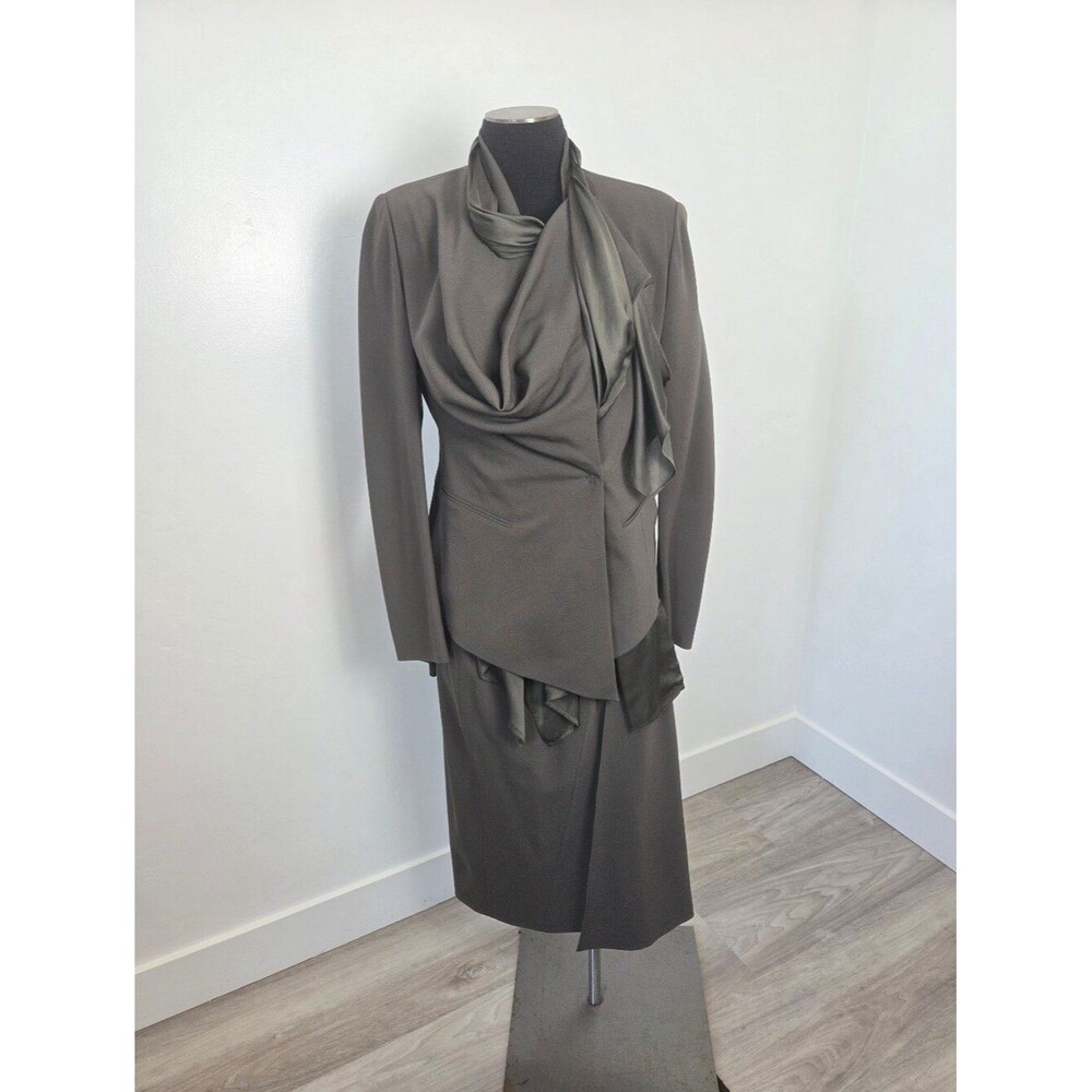 Donna Karan Collection 100% Wool 3 Piece Skirt Suit Silk Blouse Moss Green M
